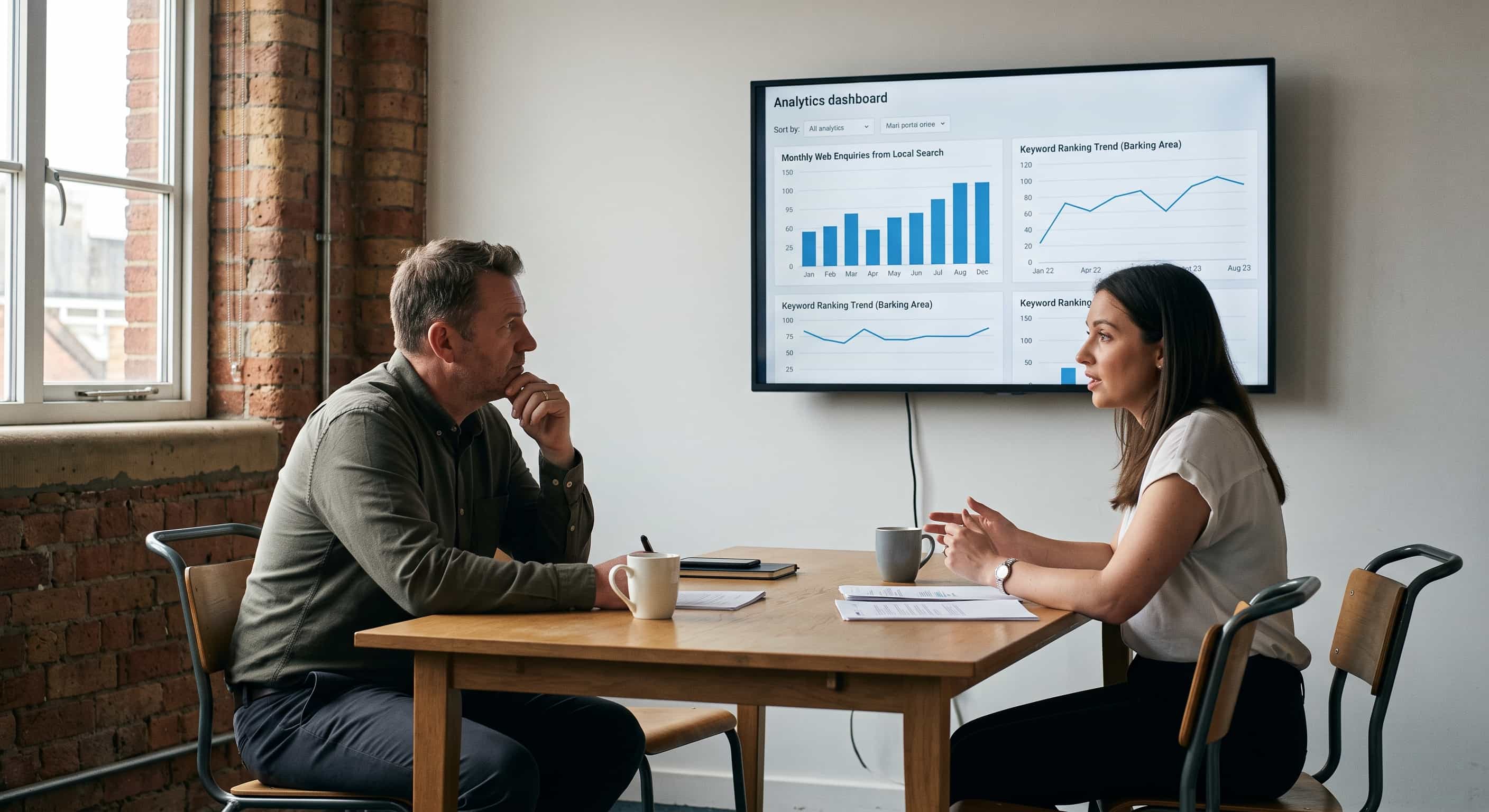 B2B marketing strategist presenting local search ranking trends and monthly enquiry data on an office display to a business director in Barking