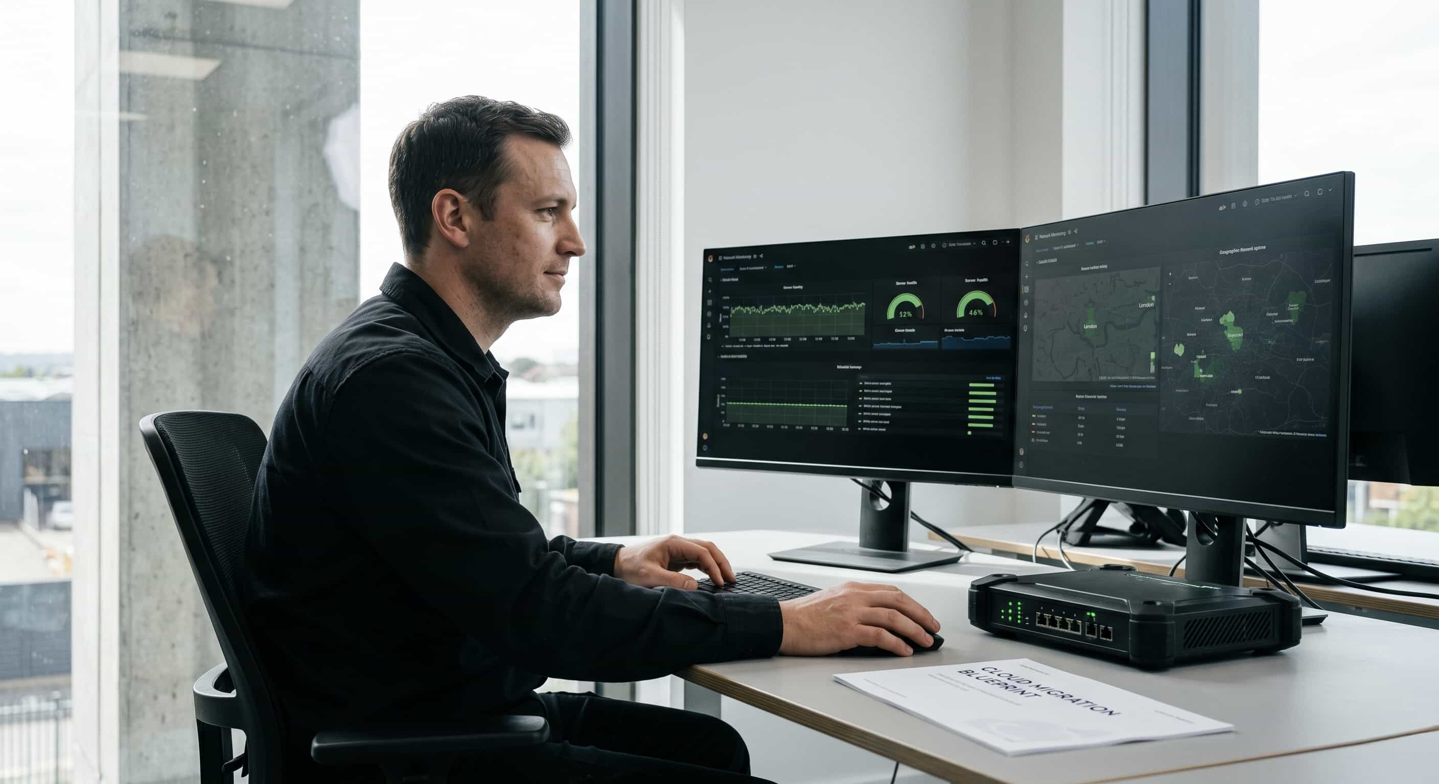 This image provides the resolution. A systems administrator in a professional Dagenham environment calmly monitors healthy, green network graphs. This establishes trust and showcases proactive IT management.