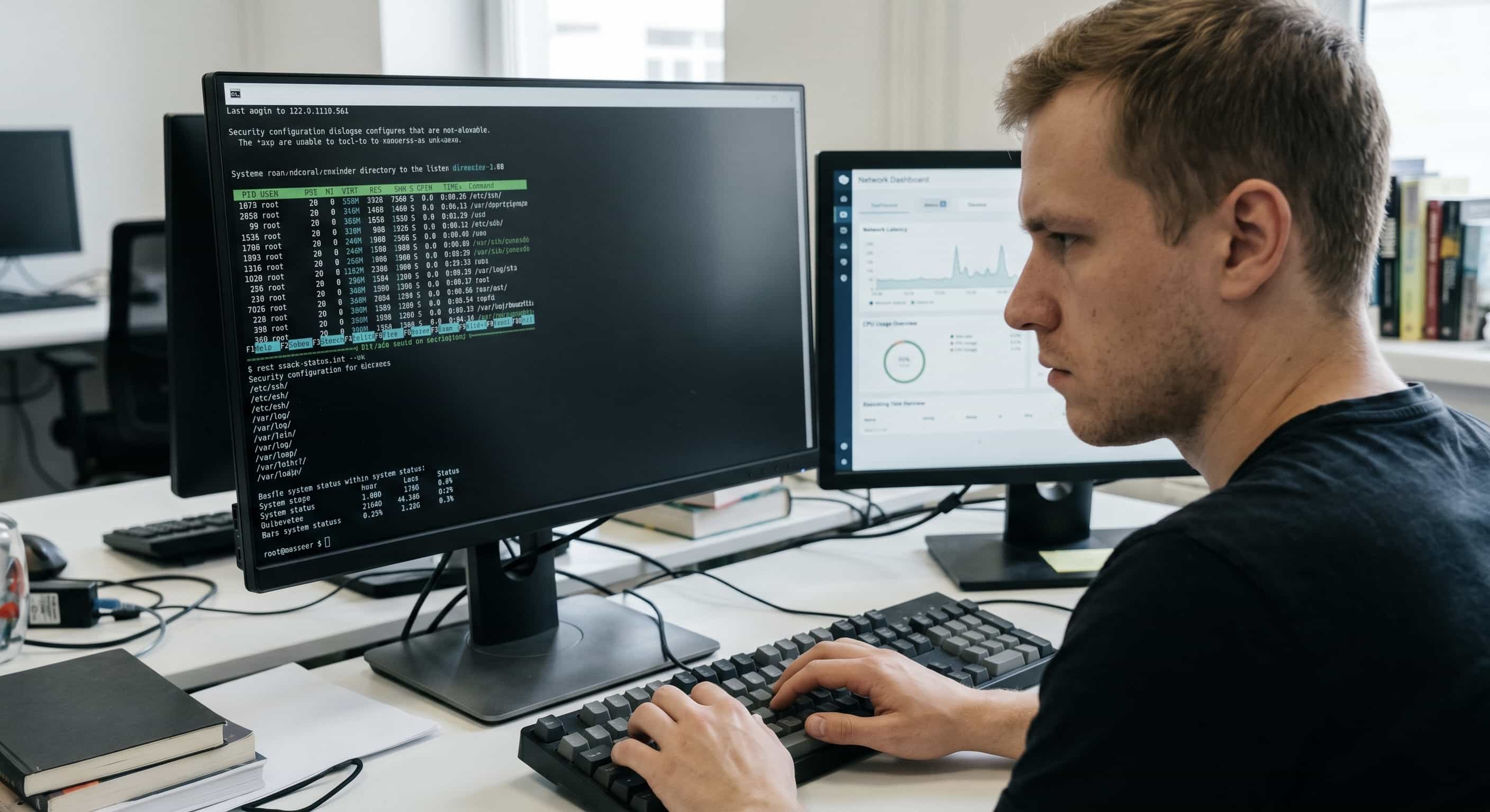 IT systems administrator configuring secure network settings via a dark terminal command-line interface at an office workspace in Ilford