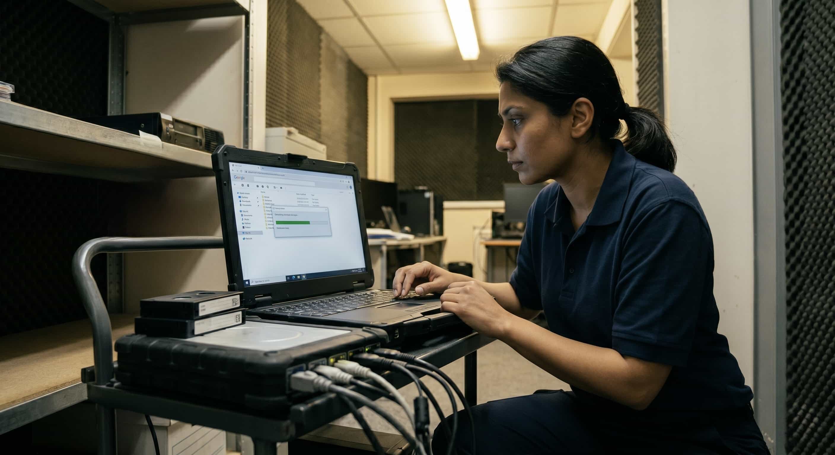 Female IT consultant executing a disaster recovery data backup drill on a laptop connected to networking equipment