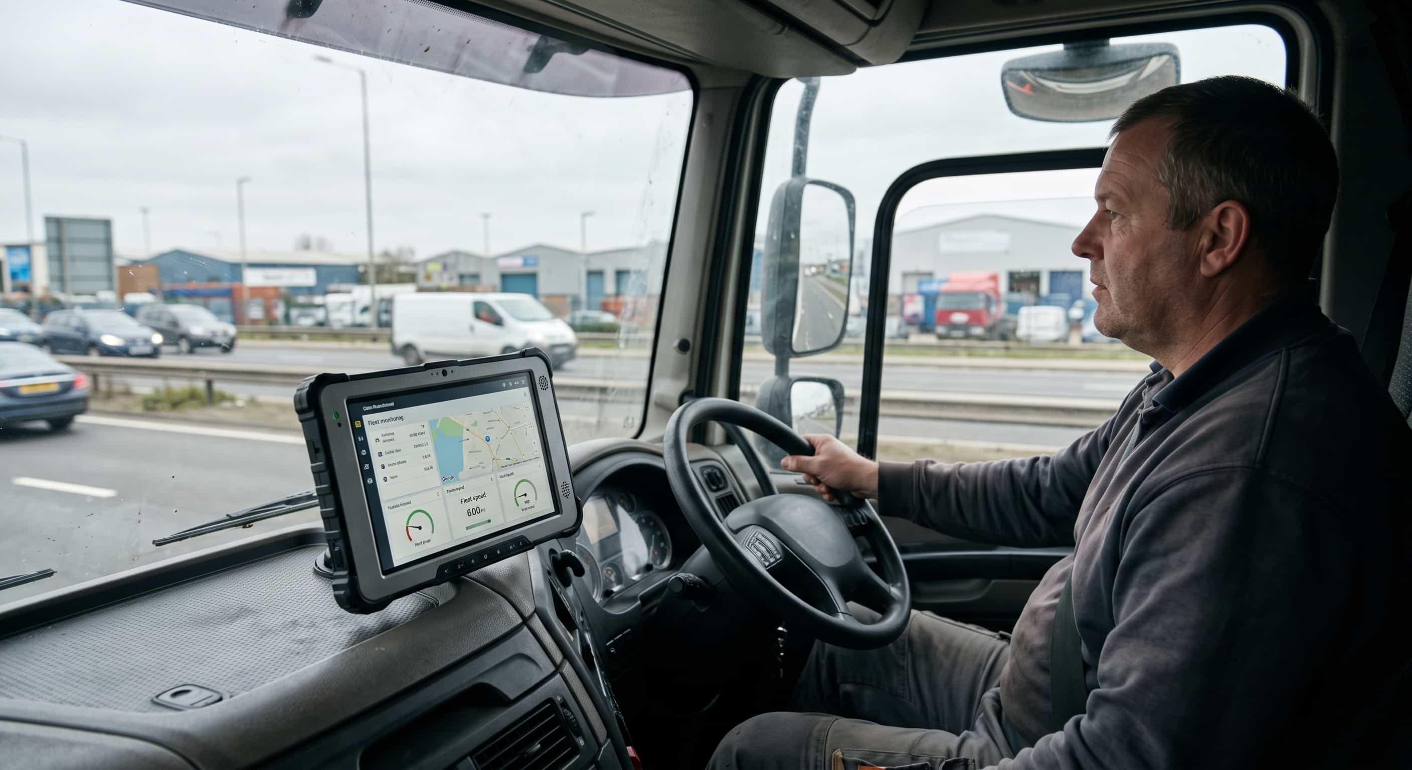 Commercial vehicle driver using mounted telemetry and GPS navigation hardware along the A13 transport corridor in East London