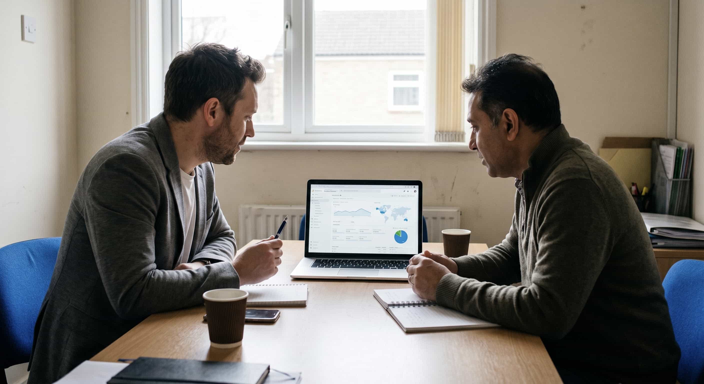 A collaborative strategy meeting between an IT agency consultant and a local SME business owner in a simple, naturally lit meeting room in Barking, East London. They are looking intently at a laptop screen displaying a realistic web analytics dashboard, reinforcing a data-driven business partnership.