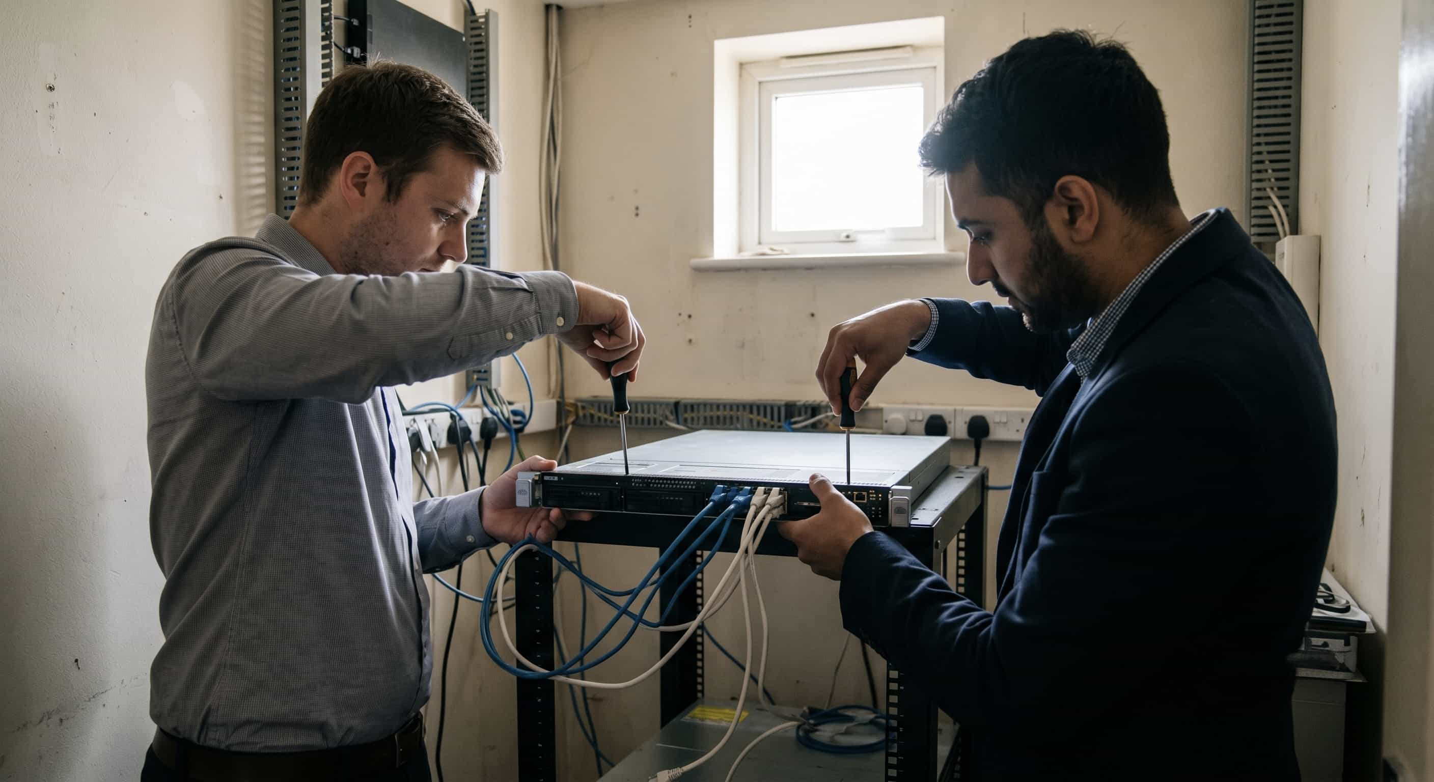 A candid indoor photograph showing two IT technicians, dressed in casual professional attire, collaborating to install a standard rack-mounted network server within a functional, slightly cluttered IT closet of a local business in Ilford. Natural daylight highlights the practical, real-world setting
