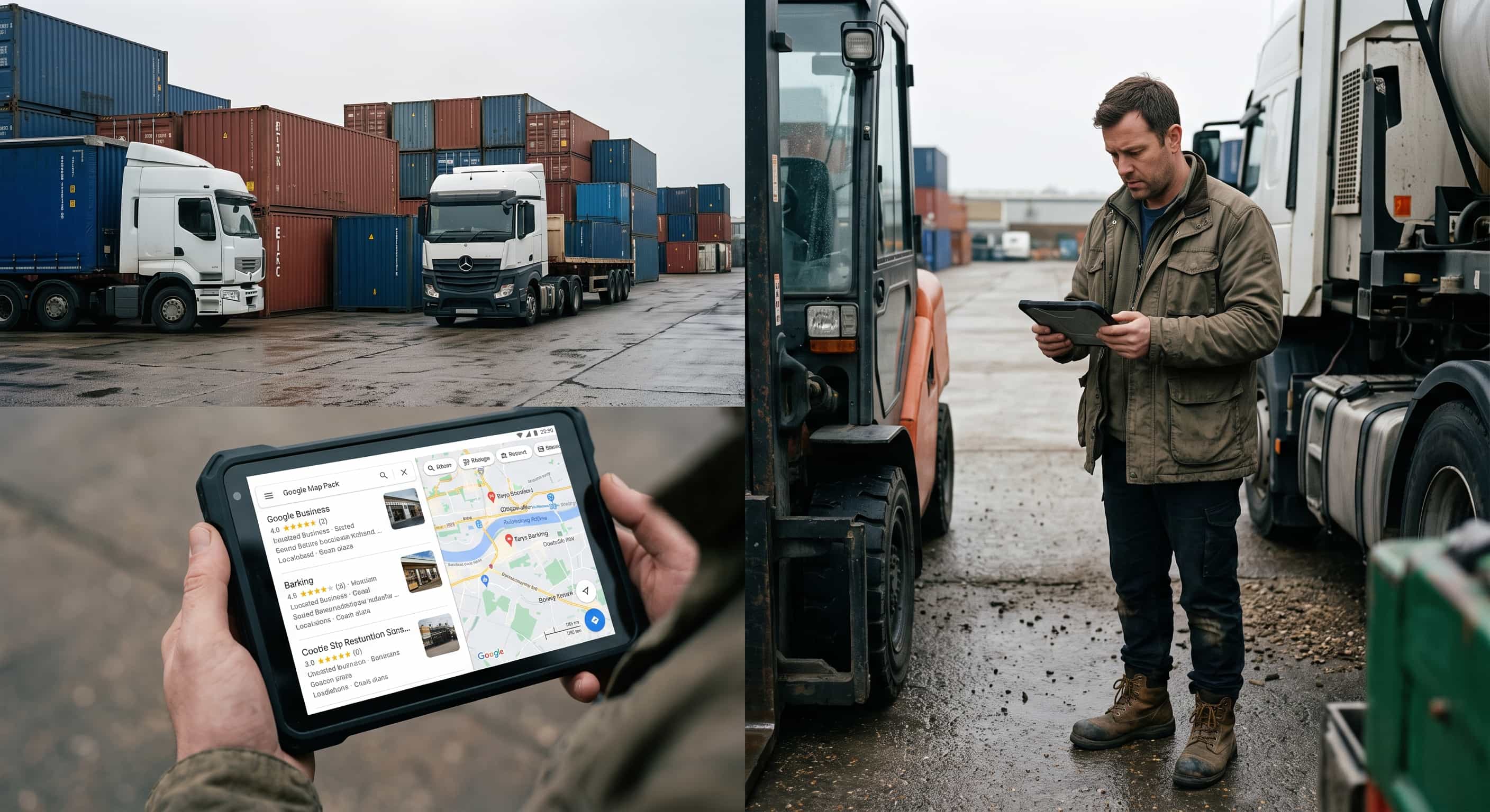 Operations manager searching Google Maps local listings on a rugged tablet in an East London logistics freight depot near Barking
