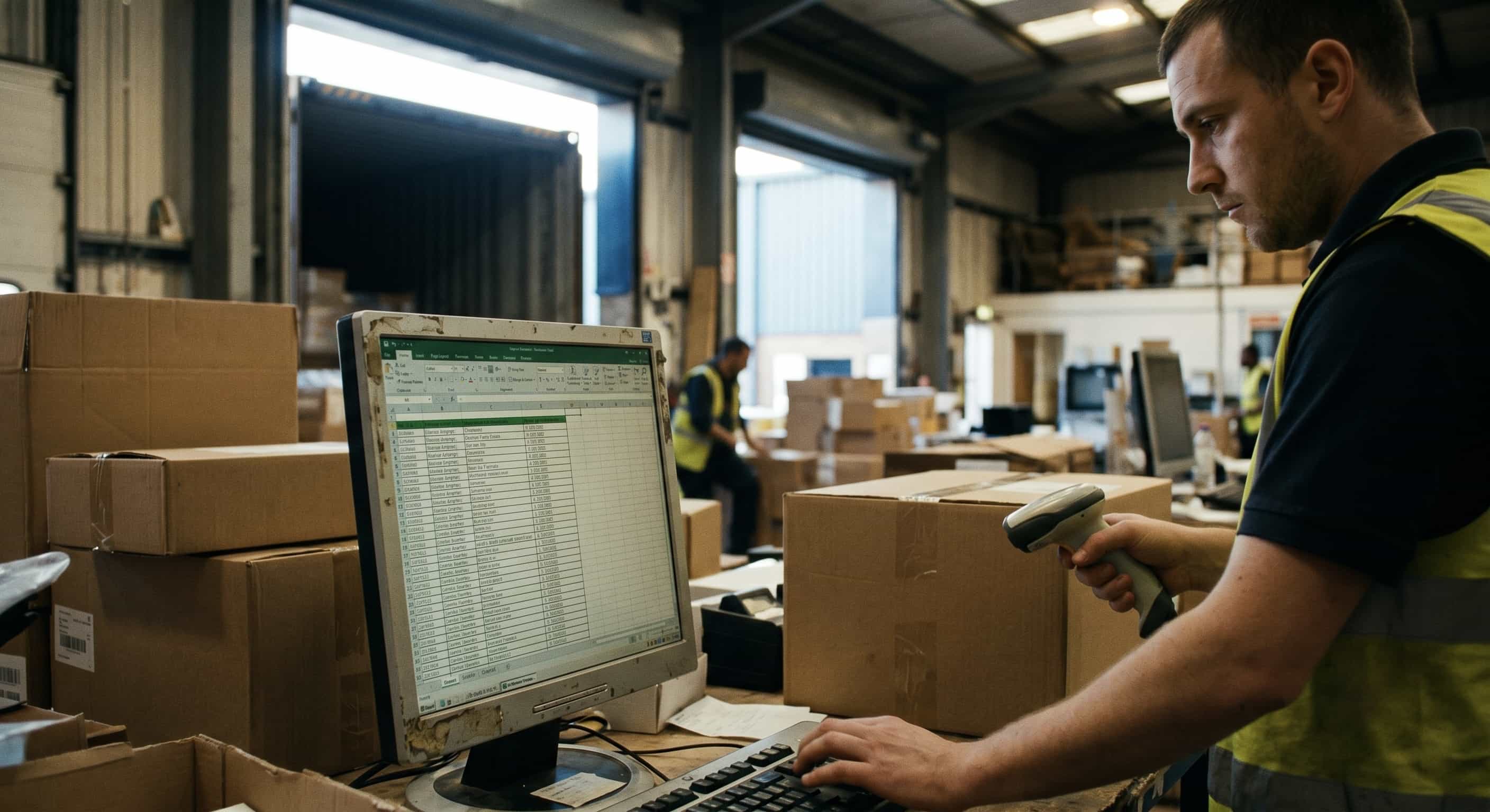 A warehouse worker in Dagenham uses a handheld scanner while manually entering data into an older desktop spreadsheet, showing operational friction.