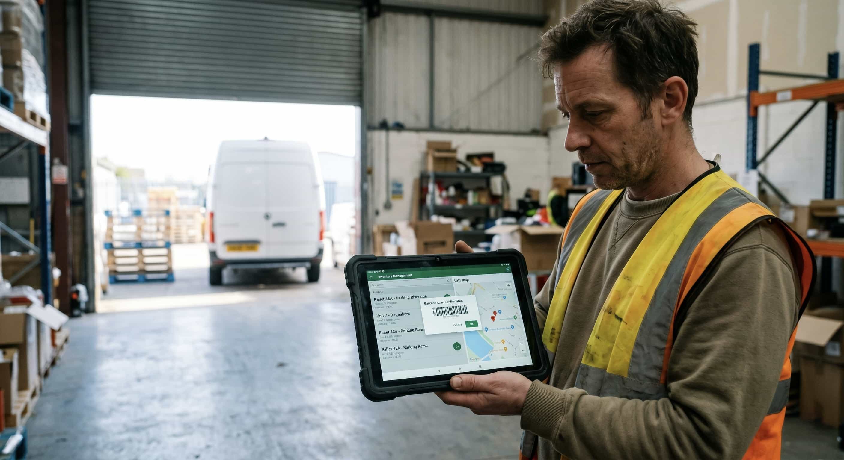 Modern inventory tracking on a rugged tablet inside an East London warehouse with delivery van in background, showcasing local SME logistics automation.