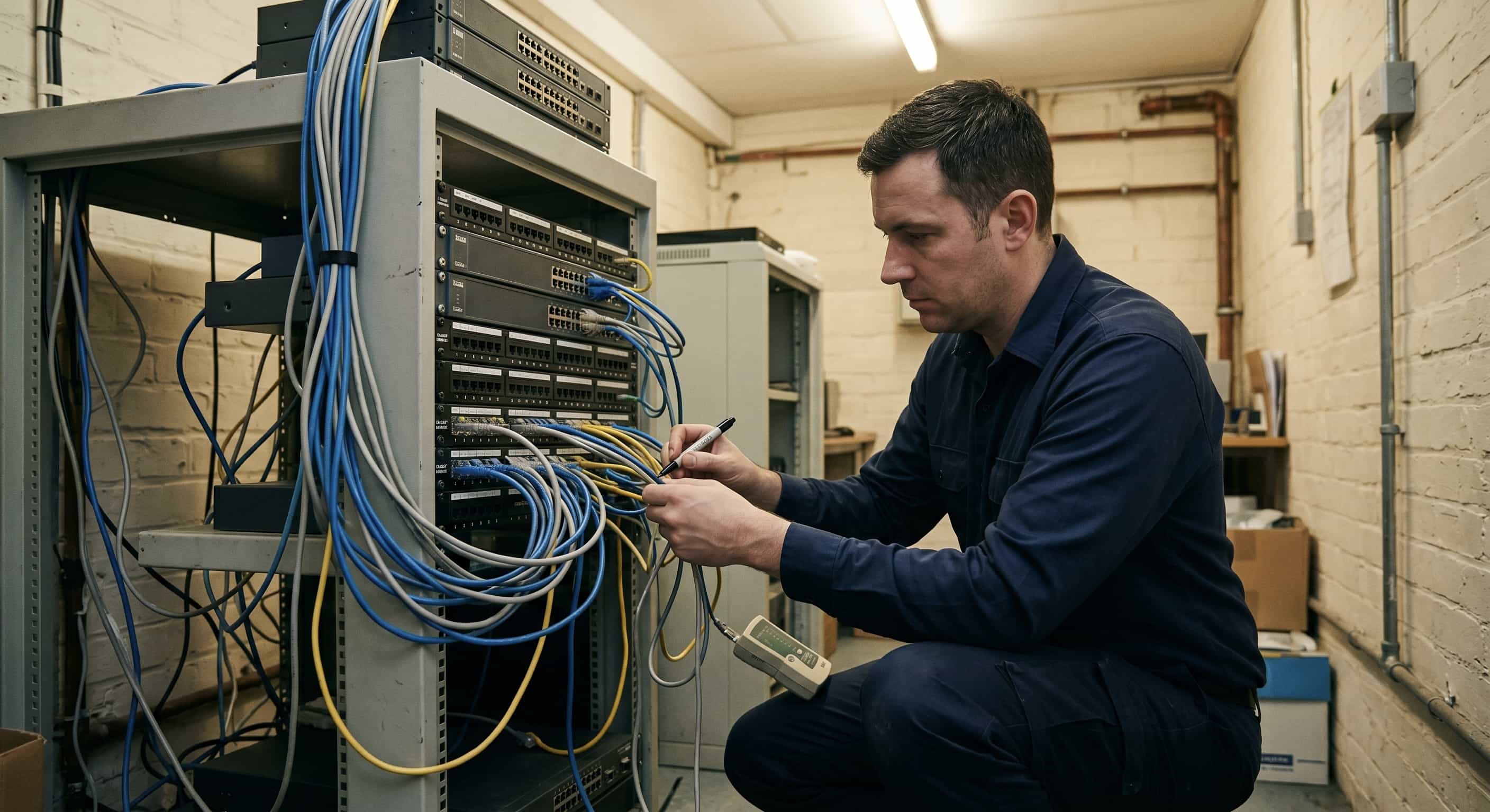 An IT specialist in a utility room manually tracing and auditing complex network cables on an on-premise server rack for an SME.
