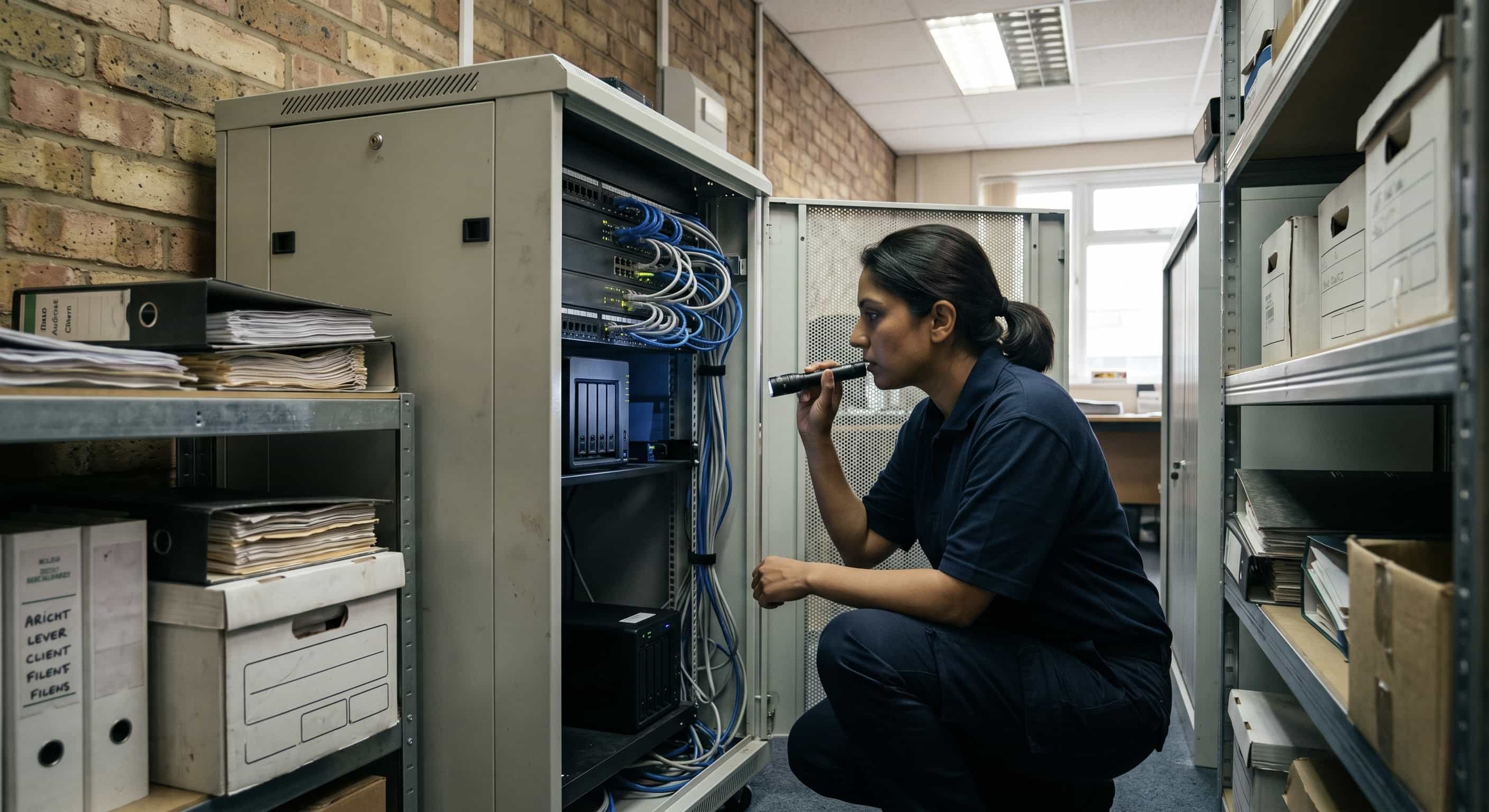 Close up of an IT infrastructure specialist manually inserting an immutable backup data drive into an office server enclosure