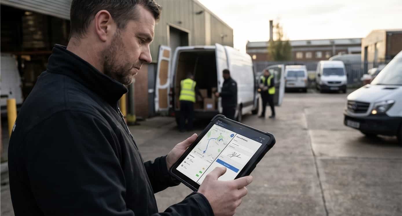Logistics supervisor using a custom mobile app on a rugged tablet for digital proof-of-delivery signatures in an industrial yard in Dagenham, with courier vans being loaded in the background
