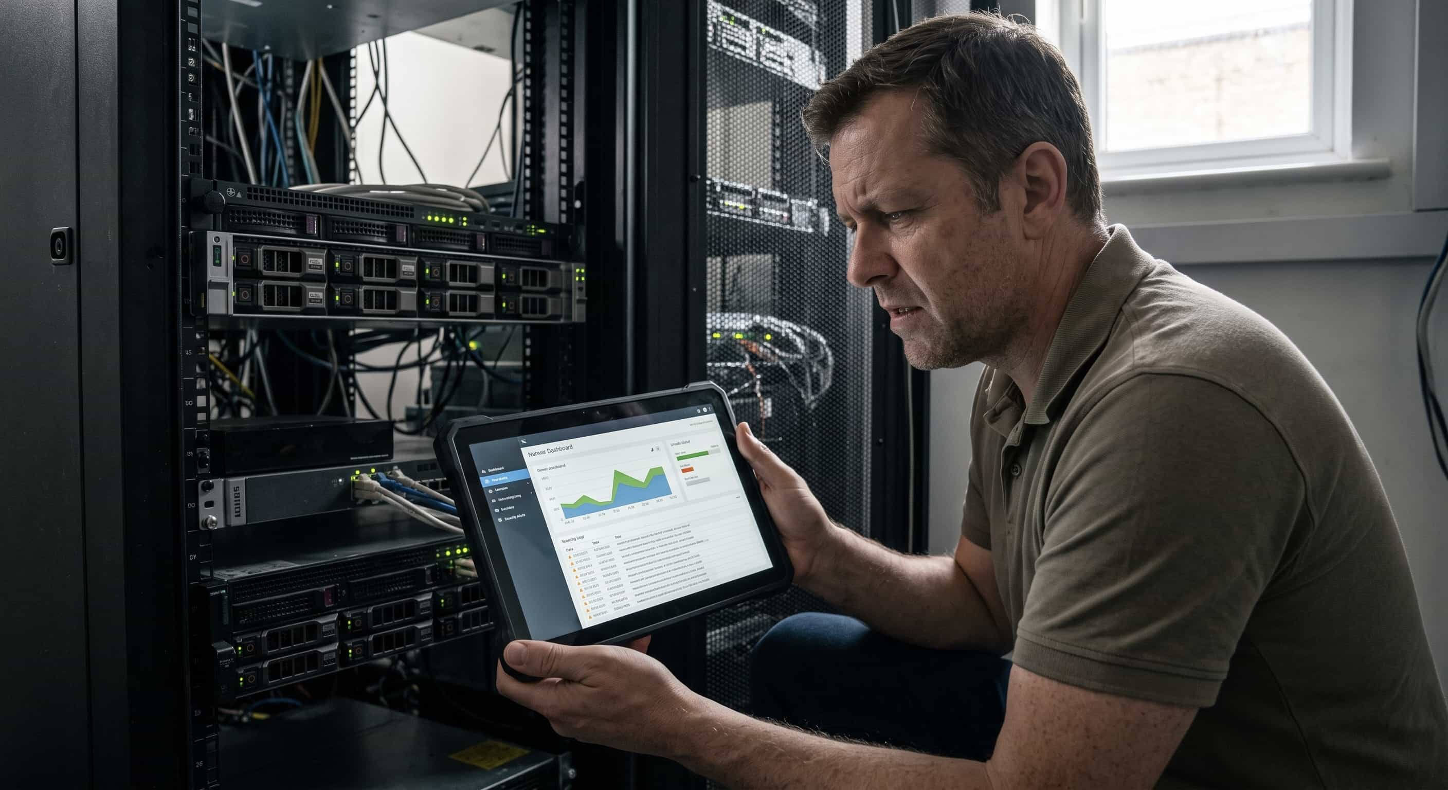 An IT professional performs specialized security maintenance on server racks, providing dedicated local IT support for an SME law firm in Barking, East London.