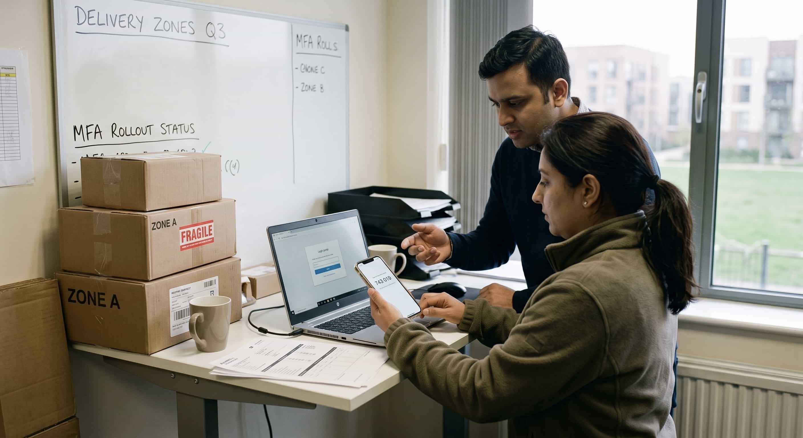 An SME operations manager and IT technician collaborate in a Barking Riverside logistics office, discussing the rollout status of Multi-Factor Authentication (MFA) and data security strategies