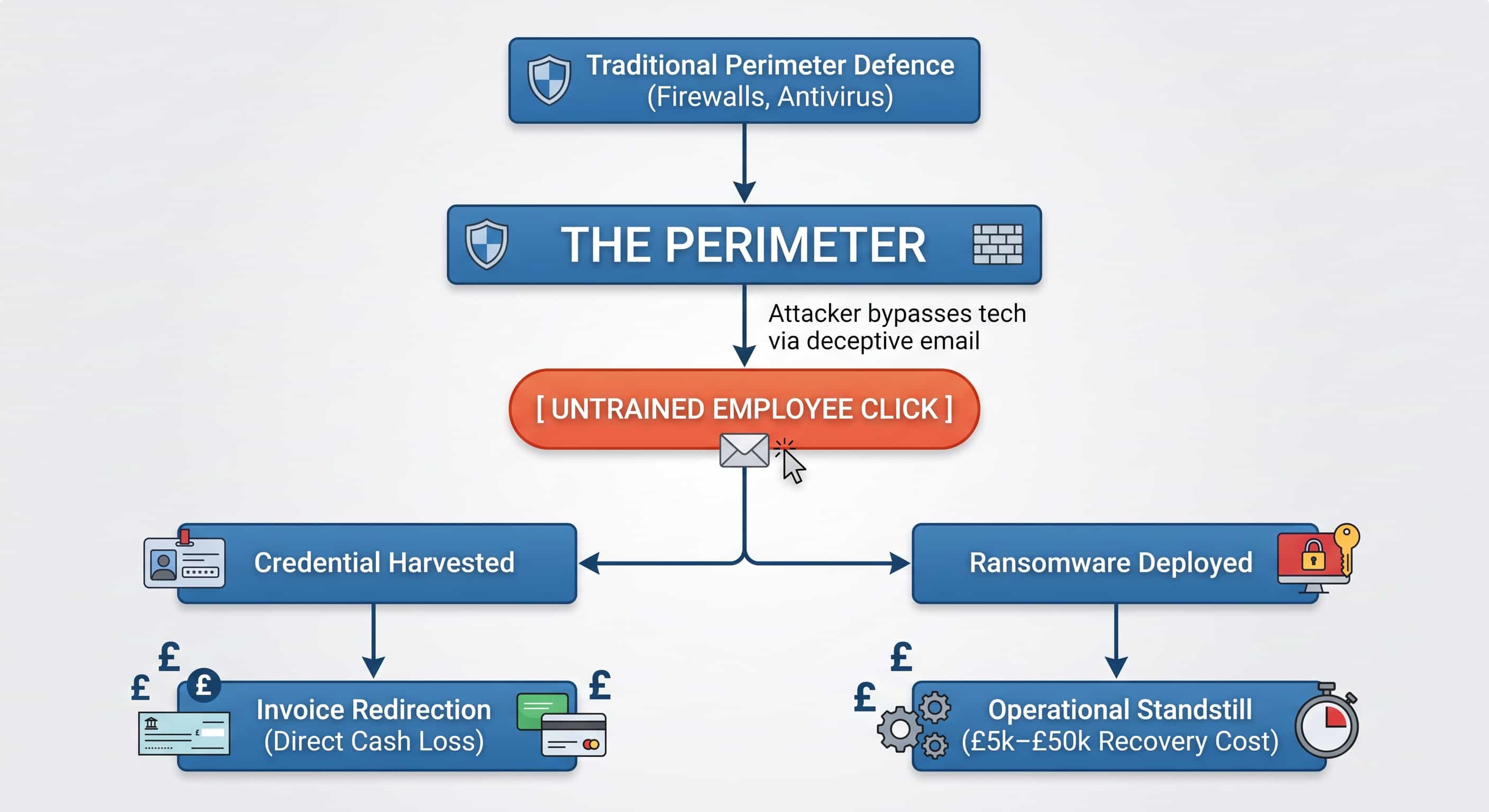 Flowchart diagram illustrating how deceptive phishing emails bypass traditional firewall perimeters to cause invoice redirection and operational downtime.