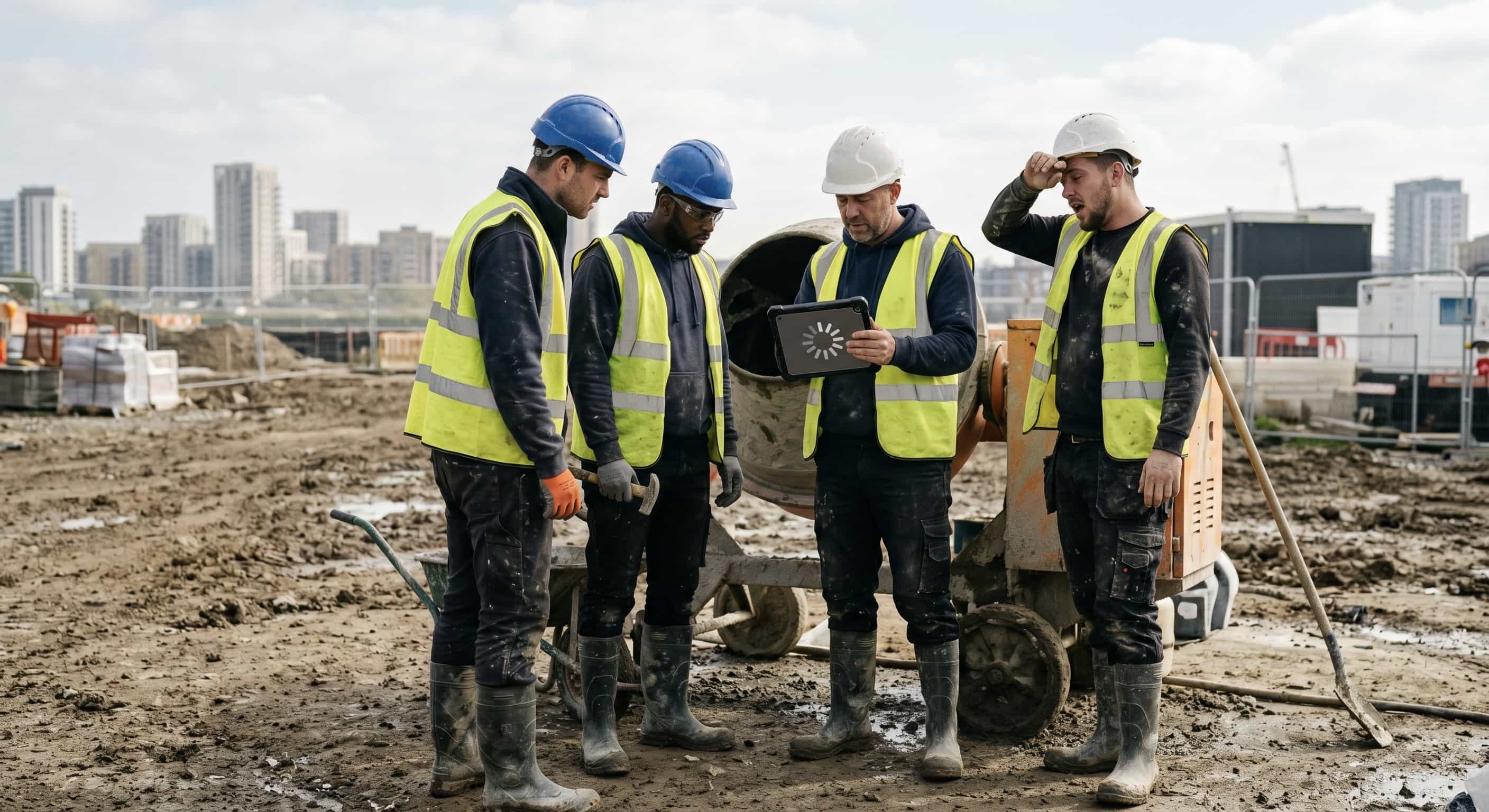 This image visualizes "the immediate bleed" of idle labor on a physical site in East London (hinting at Barking Riverside). A foreman’s rugged tablet shows a loading icon, signifying connection loss. The visual of four specialized workers standing idle near equipment is a powerful, low-margin industry pain point